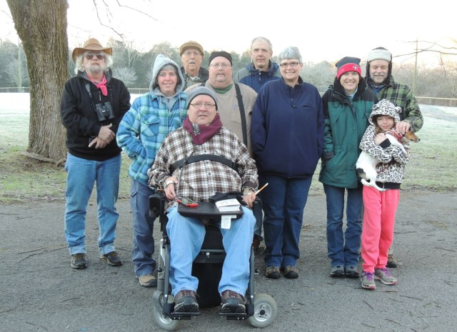 Darryl, Melissa, Jack, Greg, Stephen, Ken, Kristy, Laura, Roy, Josellen & Suzy pose for a frostbitten photo before racing off to count birds for the Christmas Bird Count in Wilson County, Tennessee on 2 January 2016